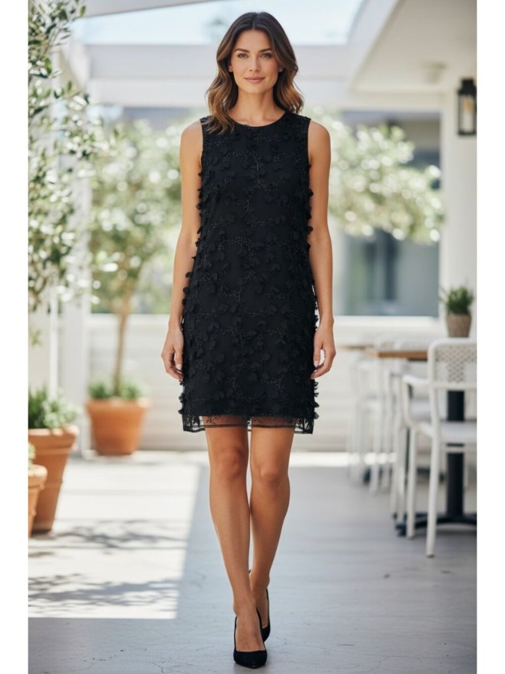 Max Studio London Black Sleeveless Floral Appliqué Dress M MSRP $198